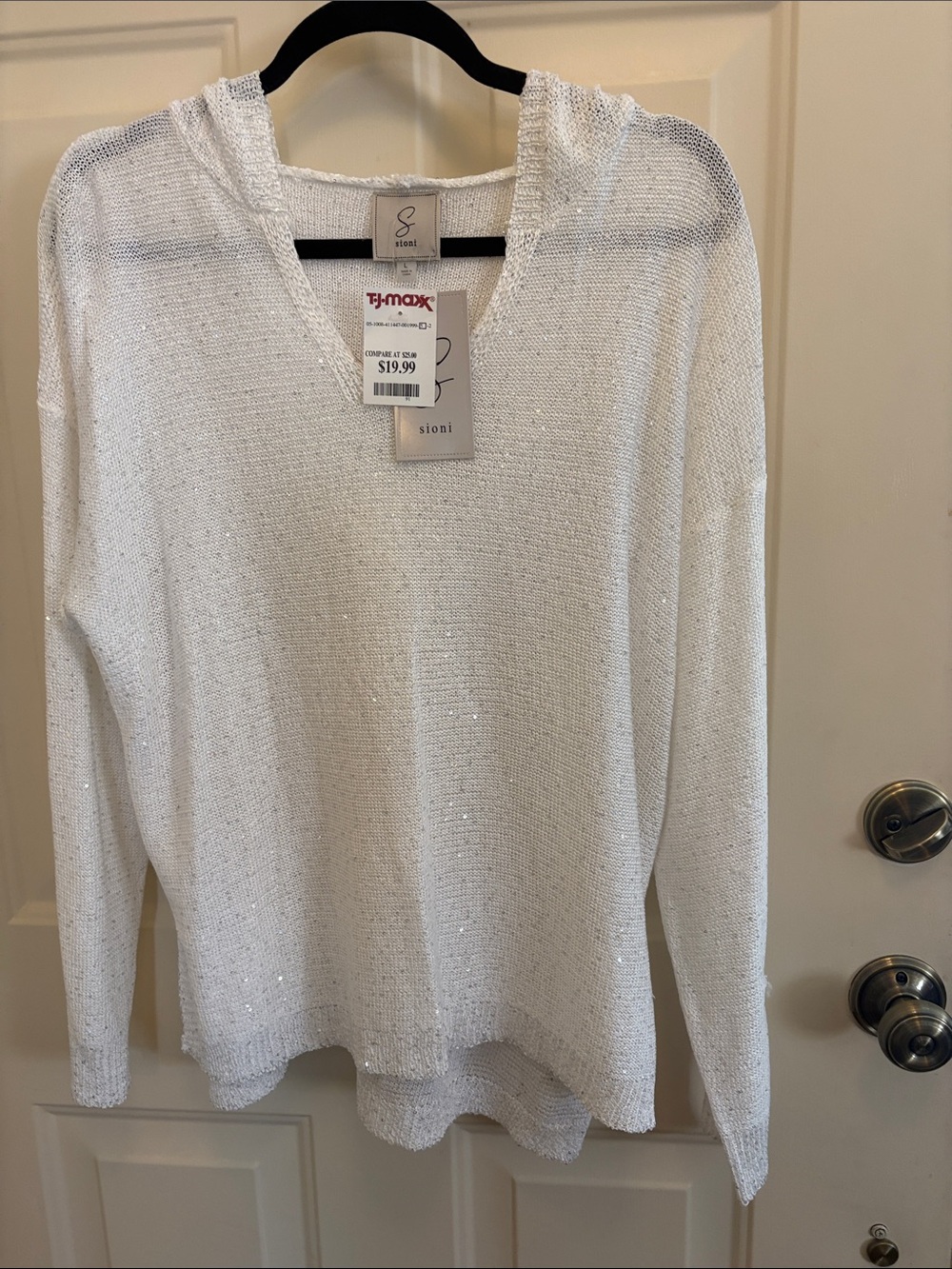 Sioni White Sparkle Hooded Knit Top